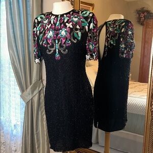 Laurence Kazar of New York. Elegant Black and Multicolor Embellished Dress.